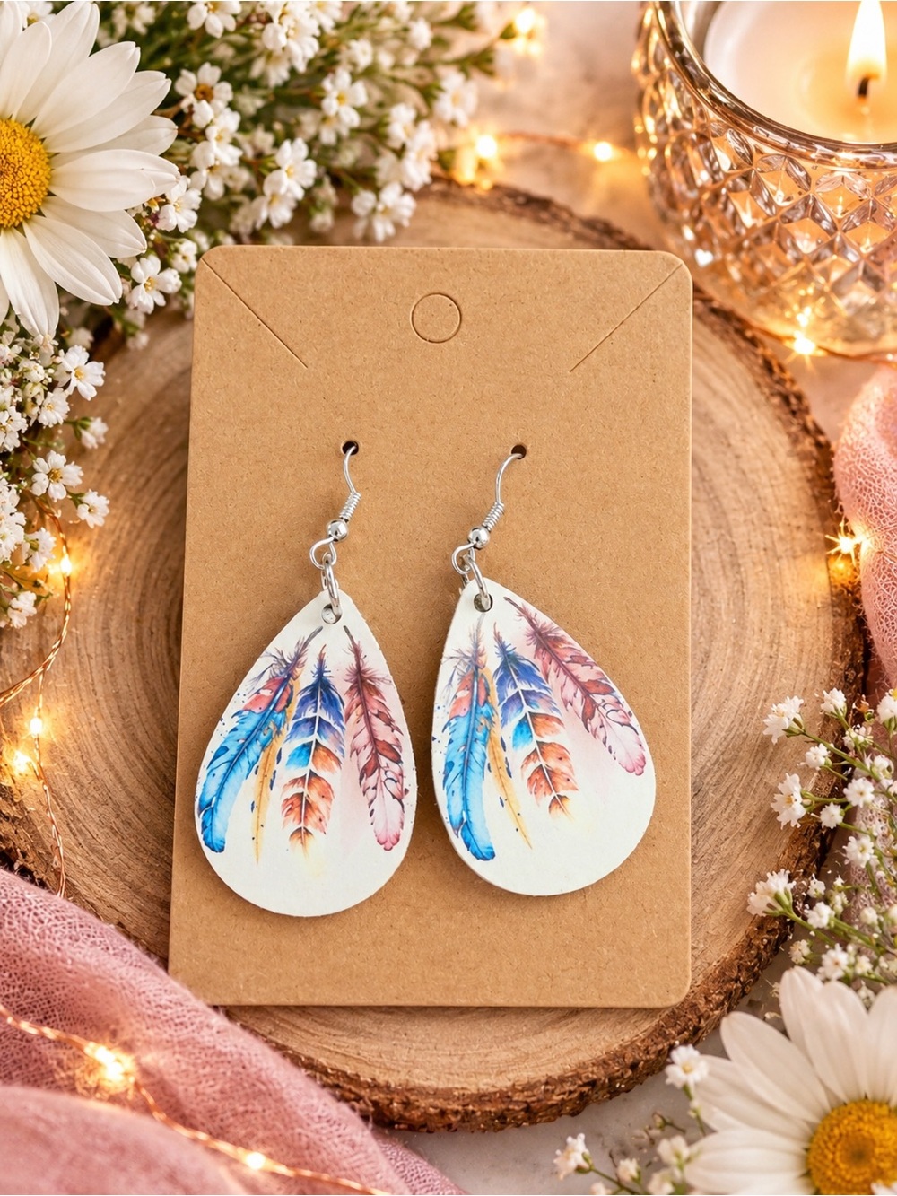 Boho Feather Teardrop Earrings - Blue & Pink